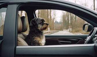 cane godendo a partire dal in viaggio di macchina. nova scozia anatra rintocchi cane da riporto guardare attraverso finestra su strada. creato con generativo ai tecnologia. foto