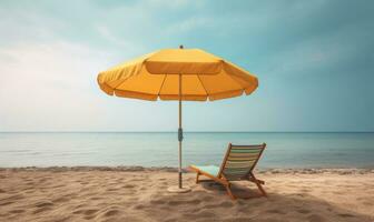 tropicale con ombrello paesaggio di il spiaggia. vacanza su bellissimo isola. palma alberi, sabbia, oceano. creato con generativo ai utensili foto