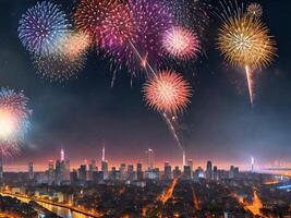 vivace colori illuminare città orizzonte nel fuochi d'artificio Schermo. generato di ai foto