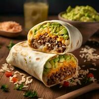 messicano burrito con Manzo avocado e formaggio su di legno sfondo foto