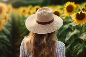 bellissimo donna nel un' cannuccia cappello in piedi nel un' girasole campo foto