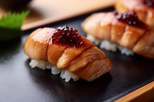 avvicinamento superiore Visualizza di ingredienti foie gras nigiri, giapponese cibo. ai generato. foto