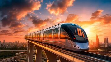 sky-treno di un' bellissimo mezzi di trasporto con futuristico design. ai generato. foto