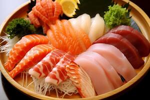 avvicinamento superiore Visualizza di ingredienti sashimi impostare, salmone, tonno, giapponese cibo. ai generato. foto