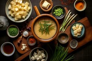 avvicinamento superiore Visualizza di ingredienti miso la minestra, giapponese cibo. ai generato. foto