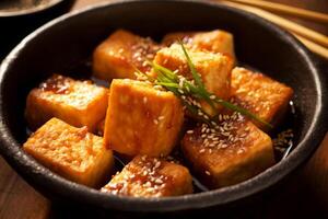 avvicinamento superiore Visualizza di ingredienti in profondità fritte tofu, giapponese cibo. ai generato. foto