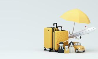 Immagine disegno, 3d rendering, sfondo per il concetto Usato nel assicurazione annunci. viaggio assicurazione, turismo e turisti, tutti e due aerei e macchine, consistente di bagaglio, giallo gli ombrelli. foto