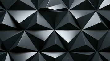 un' vicino - su Visualizza di un' lucidato, semilucido parete sfondo con un' unico triangolare piastrella sfondo con 3d nero blocchi, ai generato foto