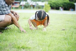 carino asiatico poco ragazza si siede su il erba nel il parco giocando con mamma. foto