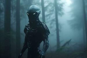 il male alieno con raggiante occhi nel buio nebbioso foresta. generato ai. foto