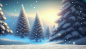 ai generato, Natale sfondo con Natale albero, camino e caduta neve. sfocato sfondo foto