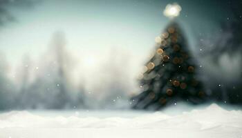 ai generato, Natale sfondo con Natale albero, camino e caduta neve. sfocato sfondo foto