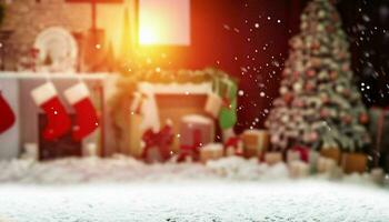 ai generato, Natale sfondo con Natale albero, camino e caduta neve. sfocato sfondo foto