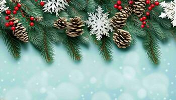 ai generato, Natale sfondo con abete albero rami, i fiocchi di neve e rosso frutti di bosco su blu sfondo foto