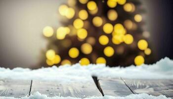 ai generato, Natale sfondo con Natale albero, camino e caduta neve. sfocato sfondo foto