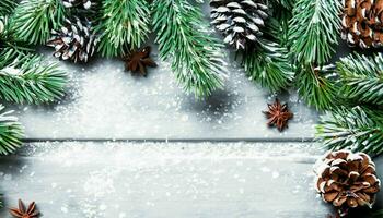 ai generato, Natale sfondo con abete albero rami, i fiocchi di neve e rosso frutti di bosco su blu sfondo foto