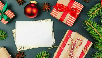 ai generato, Natale o nuovo anno piatto posare superiore Visualizza natale vacanza celebrazione saluto carta modello con copia spazio su carta sfondo foto
