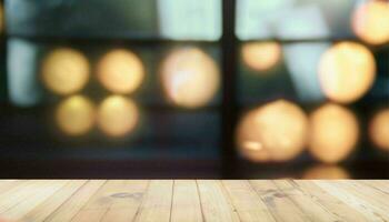 ai generato, di legno tavolo superiore su sfocatura sfondo di finestra e bokeh Immagine. foto