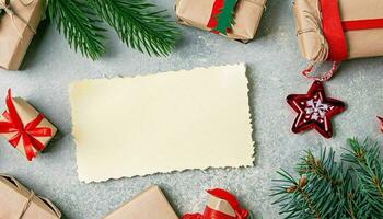 ai generato, Natale o nuovo anno piatto posare superiore Visualizza natale vacanza celebrazione saluto carta modello con copia spazio su carta sfondo foto