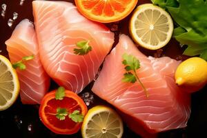 avvicinamento superiore Visualizza di ingredienti salmone, giapponese cibo. ai generato. foto