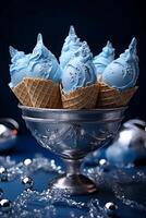 blu ghiaccio crema nel ghiaccio crema cono con Natale decorazione su blu sfondo ai generato foto