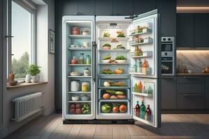 Aperto frigorifero con diverso prodotti nel il cucina. generativo ai foto