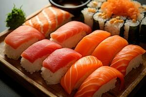Sushi con salmone su il piatto, giapponese cibo. ai generato., giapponese cibo. ai generato. foto