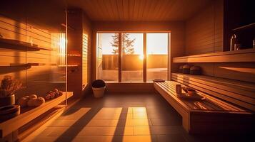 il sauna camera di un' bellissimo luminosa moderno stile Casa. ai generato. foto