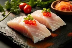 avvicinamento superiore Visualizza di ingredienti impegnarsi nigiri, giapponese cibo. ai generato. foto