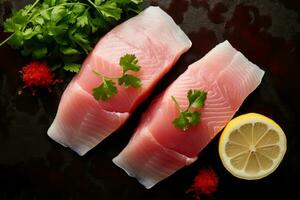 avvicinamento superiore Visualizza di ingredienti salmone, giapponese cibo. ai generato. foto