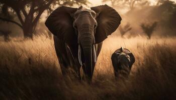africano elefante mandria pascolo nel tranquillo savana generato di ai foto