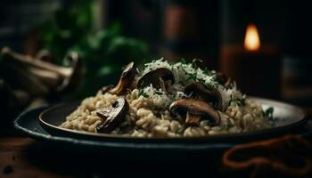 rustico risotto piatto con fresco frutti di mare e erbe aromatiche generato di ai foto