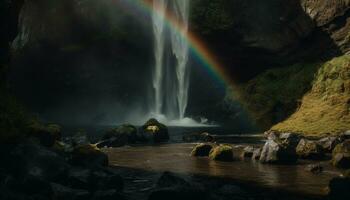 fluente acqua, arcobaleno, maestoso montagna, idilliaco paesaggio generato di ai foto