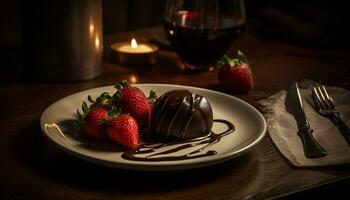 indulgente cioccolato immerso bacca dolce su elegante piatto generato di ai foto