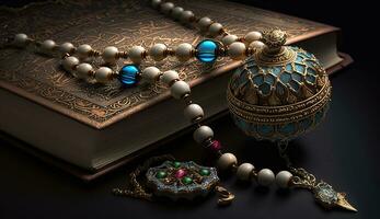 il santo al Corano con scritto Arabo calligrafia senso di al Corano e rosario perline o tasbih. ai generativo foto