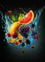 spruzzi frutta su acqua. fresco frutta e verdure essere tiro come essi sommerso sotto acqua. foto
