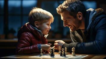 papà e bambino giocando scacchi foto