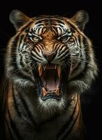 gratuito tigre o Leone ritratto buio sfondo. ai generato foto