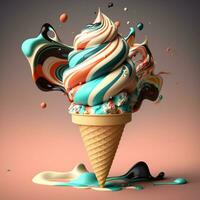 colorato gusto ghiaccio crema nel cono su spruzzo pastello sfondo. estate creativo concetto. ai generativo foto