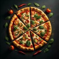 delizioso 3d Pizza con verdure isolato su nero sfondo foto