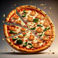 3d realistico volante Pizza concetto con nero sfondo generativo ai foto