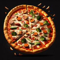 3d realistico volante Pizza concetto con nero sfondo generativo ai foto