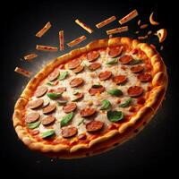 3d realistico volante Pizza concetto con nero sfondo generativo ai foto