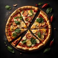 delizioso 3d Pizza con verdure isolato su nero sfondo foto