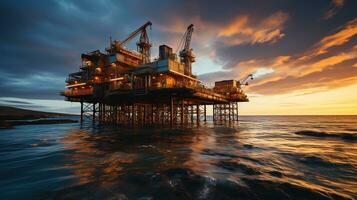 al largo olio piattaforma a tramonto, estrazione gas e petrolio con professionale competenza nel il oceanico energia industria, ai generativo foto