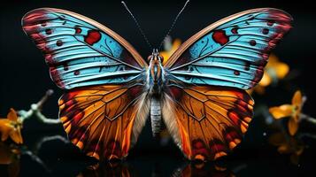 avvicinamento di un' farfalla occhi, Impressionante arancia occhio e bellissimo blu Ali su un' travolgente nero sfondo, cattura della natura bellezza foto