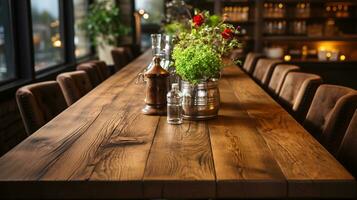 naturale quercia di legno tavolo modello - davanti Visualizza di vuoto vuoto legna tavolo, ideale per Prodotto posizionamento con un' sfocato sfondo. foto