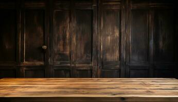 naturale quercia di legno tavolo modello - davanti Visualizza di vuoto vuoto legna tavolo, ideale per Prodotto posizionamento con un' sfocato sfondo. foto