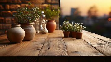 naturale quercia di legno tavolo modello - davanti Visualizza di vuoto vuoto legna tavolo, ideale per Prodotto posizionamento con un' sfocato sfondo. foto