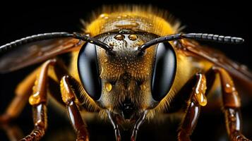 avvicinamento di un' delle api occhi - Impressionante nero occhio e vivace arancia corpo su un' travolgente nero sfondo, cattura della natura bellezza foto